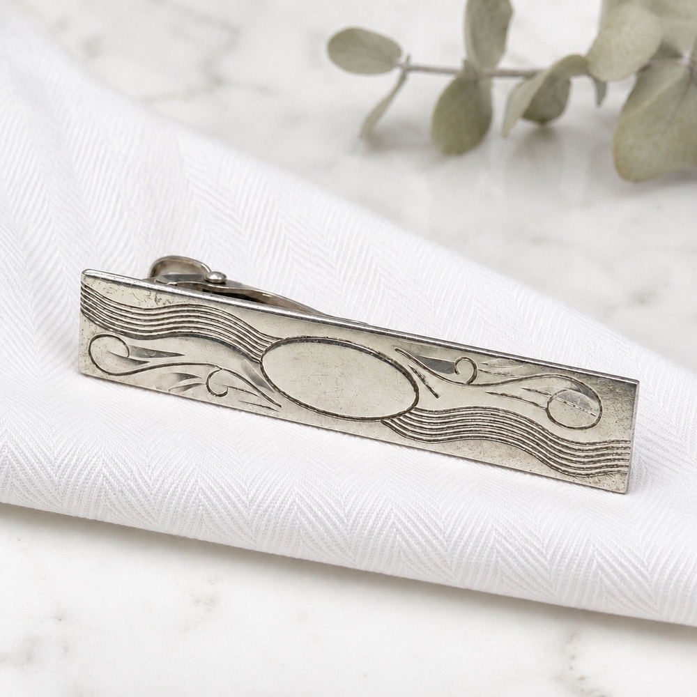 Vintage Anson Sterling Silver Tie Clip Bar Engraved Scroll Wave Design MCM 8.28g